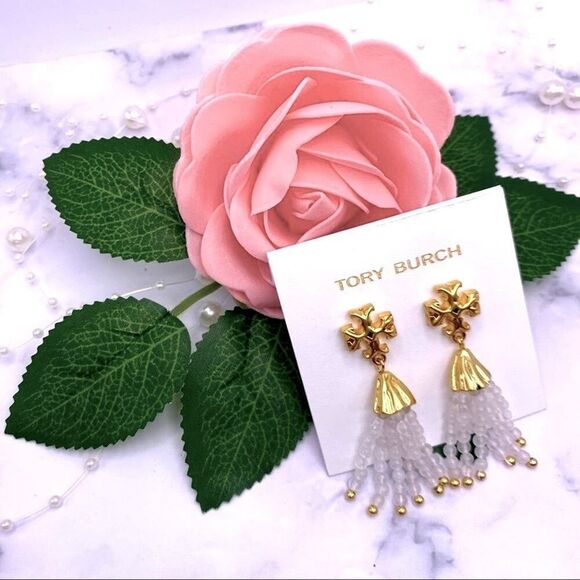 NWOT Tory Burch Gold Roxanne, White Beaded Dangle Stud Earings - Picture 2 of 9